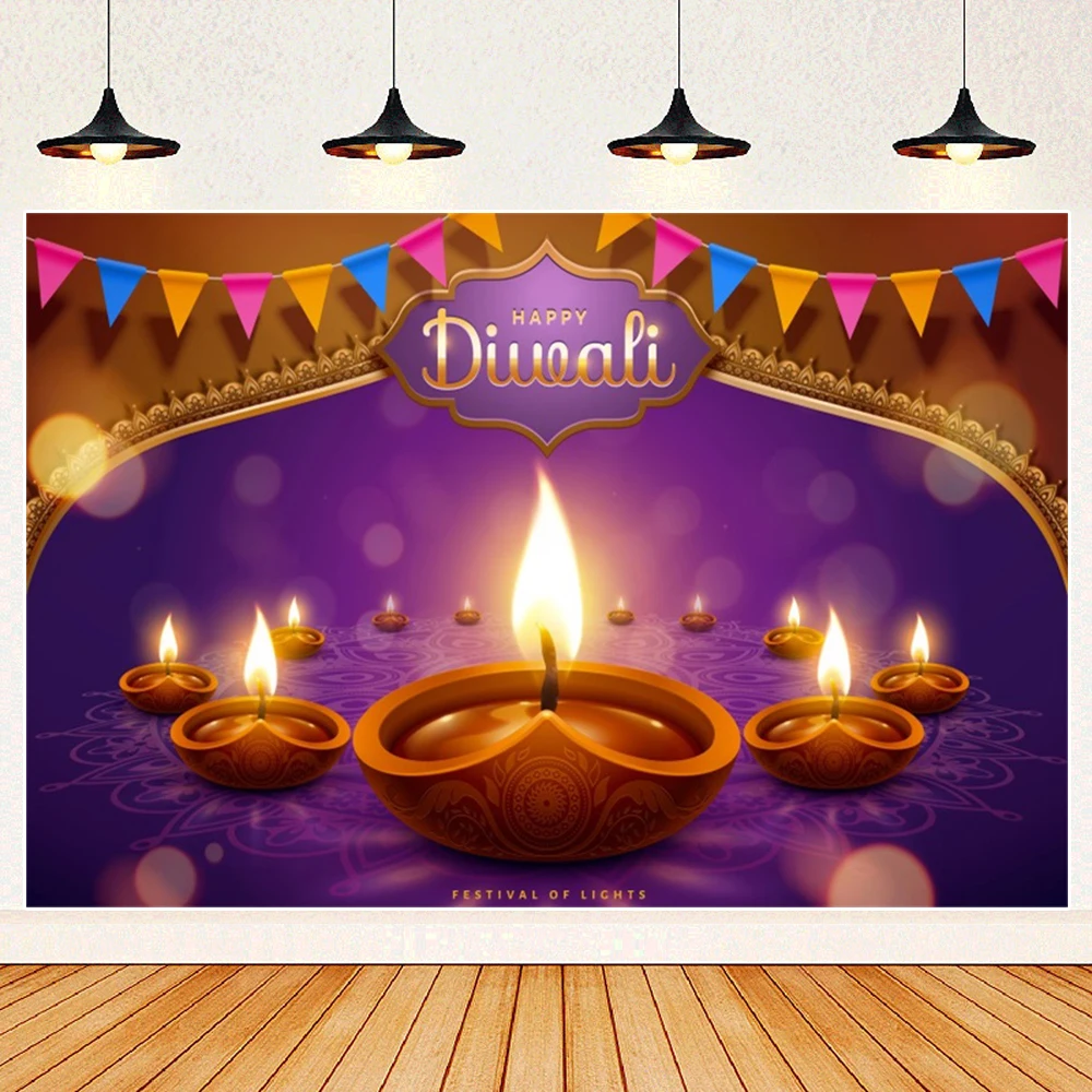Indian Diwali Festival Background Burning Ghee Lanterns Purple Marigold Peacock Sky Lantern Prayer Background Photo Studio Props