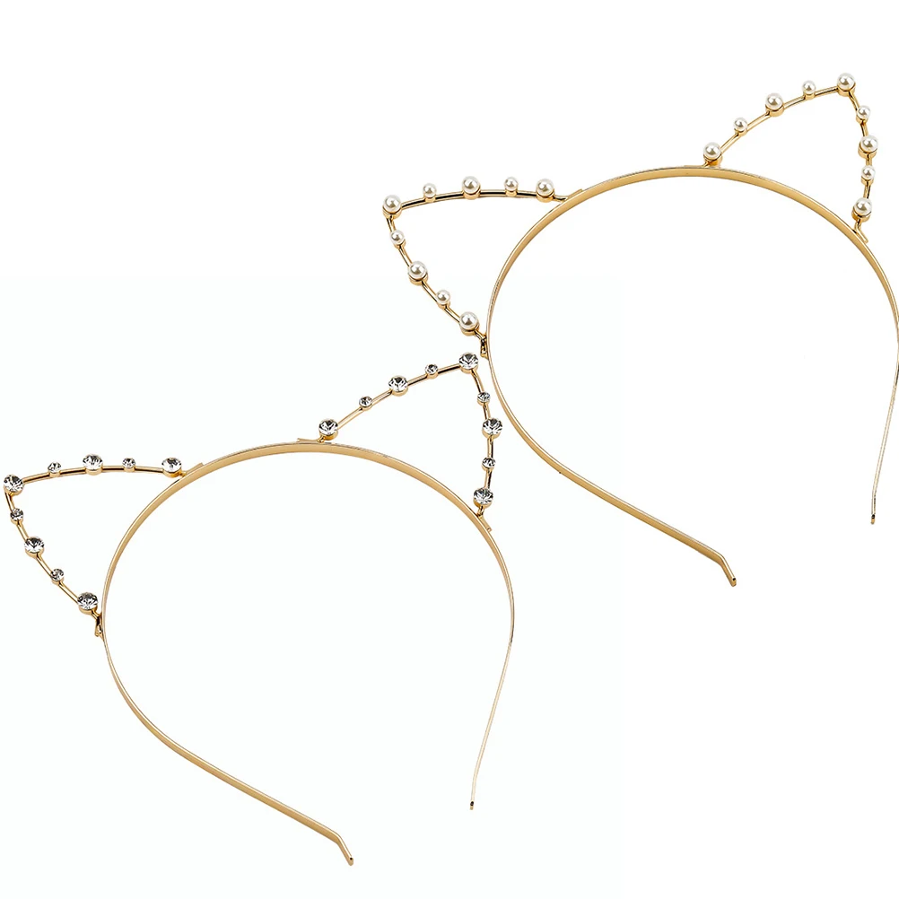 

2pcs Cat Ears Headband Ear Hair Hoop Headband Crystal Pearl Headband Decor Hairbands Wedding Headdress Party Cosplay Decoration