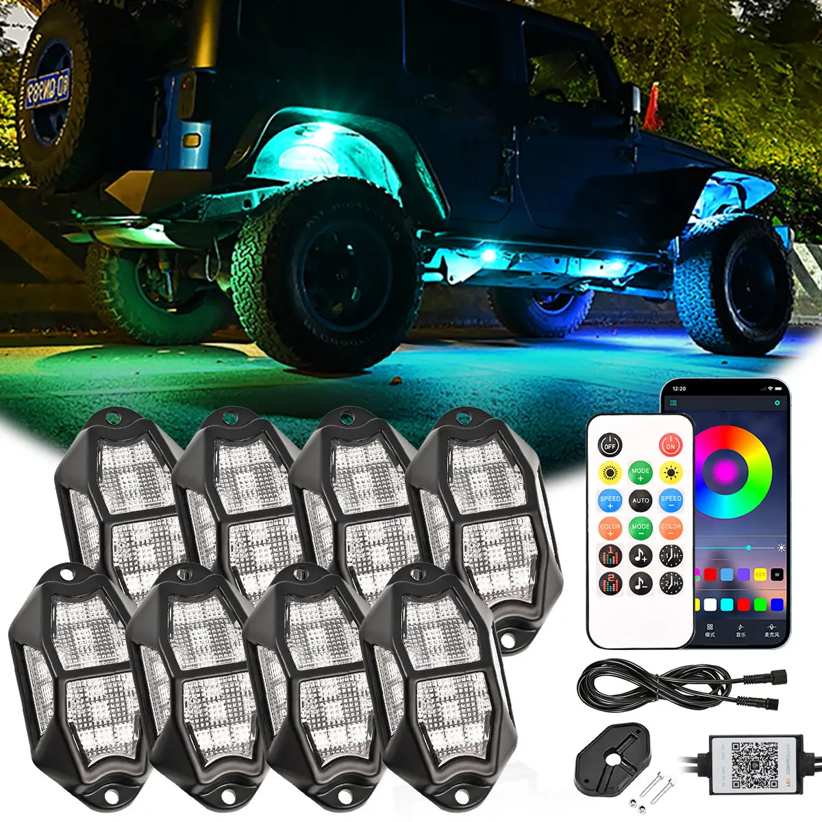 1 Set Of 12in1 Car Chassis Light Music mode Ambient Light smart voice app control+Remote Control Mode Car Truck Decorative Light