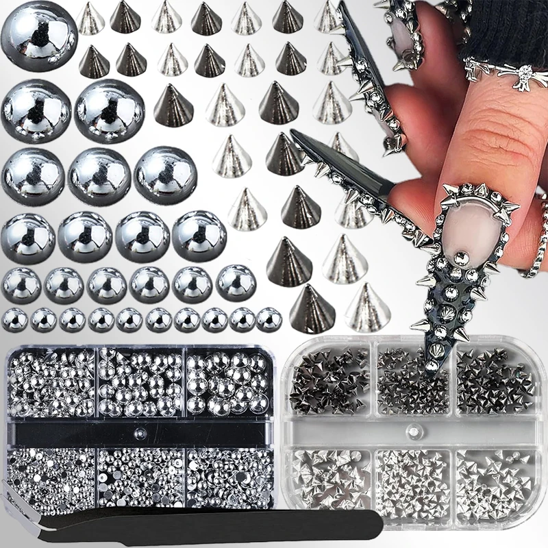 1 Grids Punk Bullet Rivet Nail Charm,3D Alloy Flat Bottomed Pointed Cone Mixed Black Silver Nail Art Rhinestones Studs DIY Craft