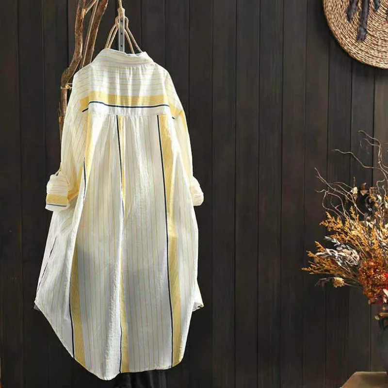 

Striped Shirt Women's 2025 Summer New Loose Mid Length Top Thin Breathable Long Sleeved Sunscreen Cardigan Shirt