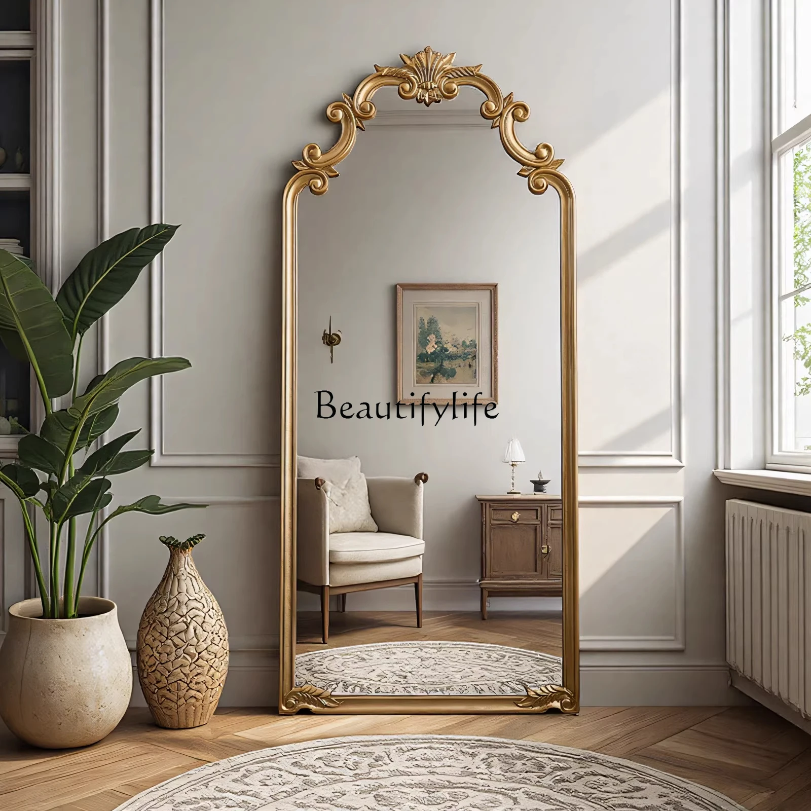 French retro full-body mirror American home wall-mounted dressing European carved floor fitting mirror