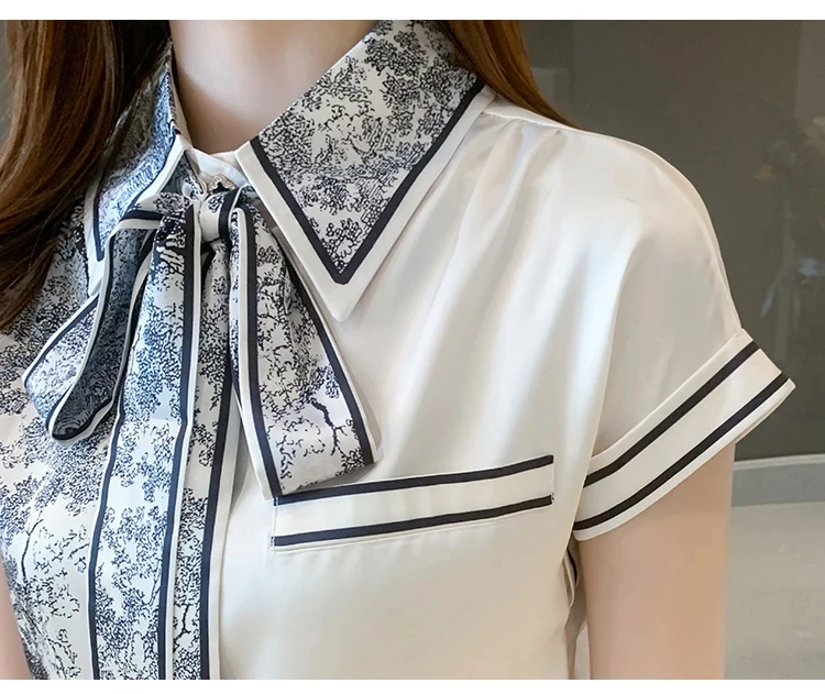 Satin Short Sleeve Blouse Summer Lapel Fit New Casual Bow Tie High-end Temperament Korea Fashion Women Shirt