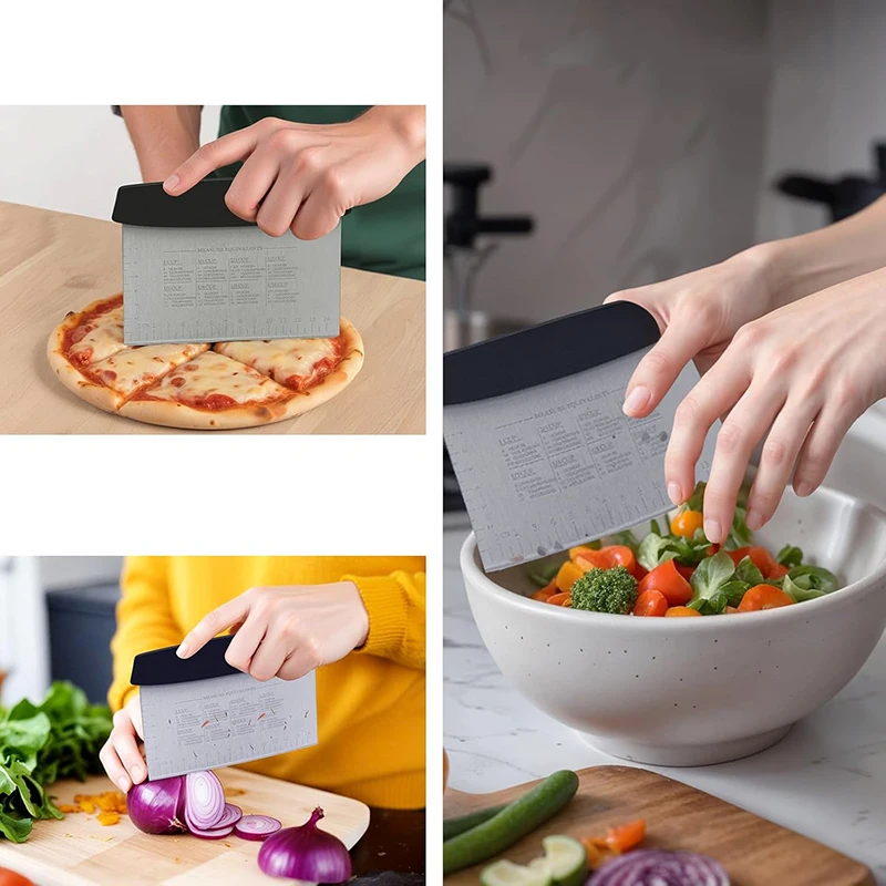 Stainless Steel Dough Scraper Cutter with Handle and Measuring Scale Pizza Chopper Baking Scraper Spatula Pastry Cake Cutter