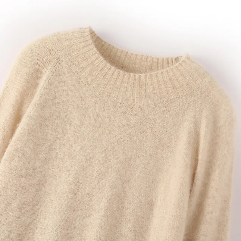 100% Mink Cashmere Sweater Women's Half High Collar Knitted Pullover Casual Loose Long Sweater Fashion Korean Tops Autumn Winter