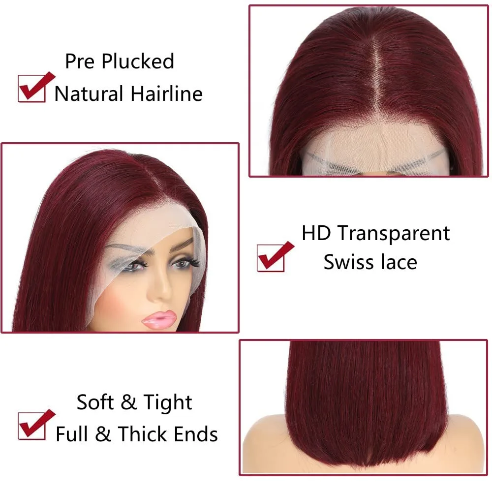 13x4 الدانتيل الجبهة 99J بورجوندي بوب شعر مستعار 100% شعر بشري حقيقي HD شفاف قبل قطعها شعر مستعار مستقيم للنساء ملابس السفر الطرف