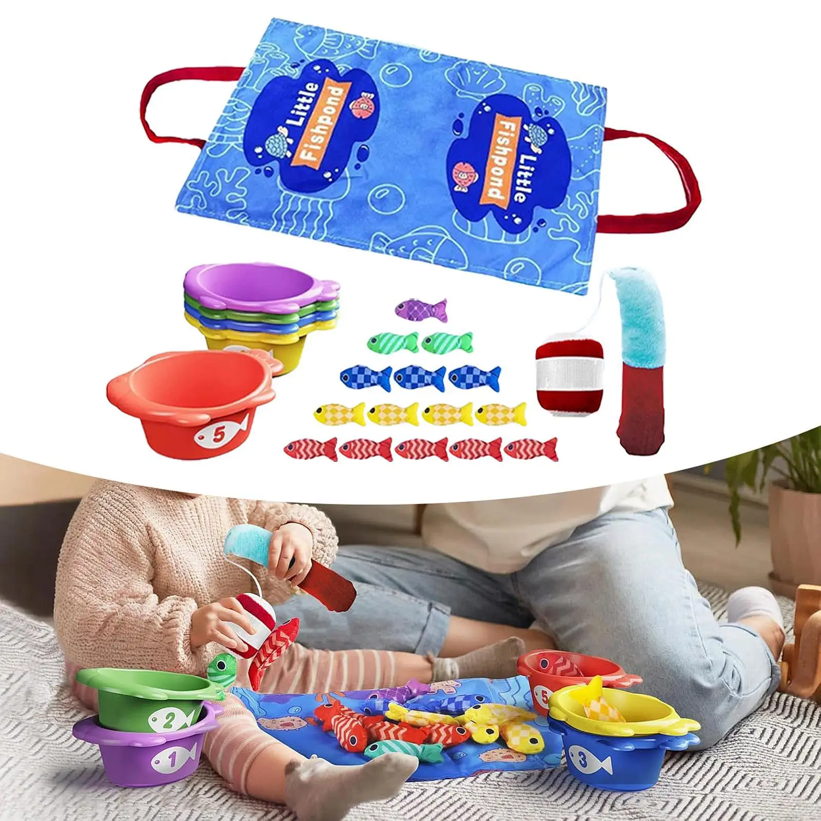 Juego de pesca de tela, clasificación de colores portátil con tazas apilables, juguetes educativos para