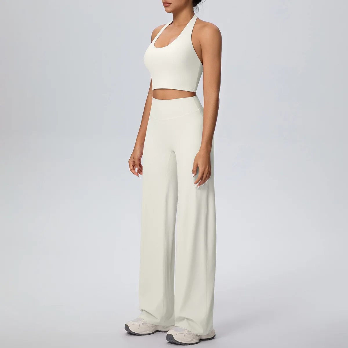 Women's Yoga Suit Solid Color Double-sided Brushed Hang Neck Bra Wide Leg Pants Pilates Fitness Training Set