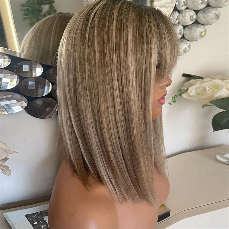 Natuurlijke pruik Dames Lace Front Pruiken Asbruin Blond Bob Korte pruik met pony Futura Hoge kwaliteit Blonde synthetische lijmloze pruik