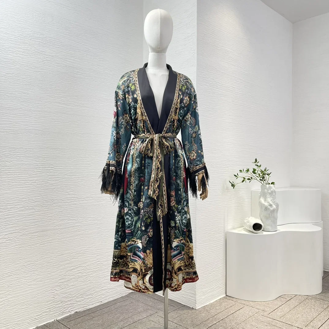 2024 Spring Summer Green Floral Print Long Sleeve Diamonds Pressed V-Neck Belt Feather Wrap Kaftan Midi Dress