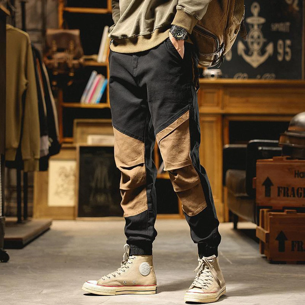 Patchwork Cargo Pants Men's Sports Casual Pants Invisible Open Crotch Outdoor Sex Trend Menswear Sweatpants Slim Fit Pencil Pant