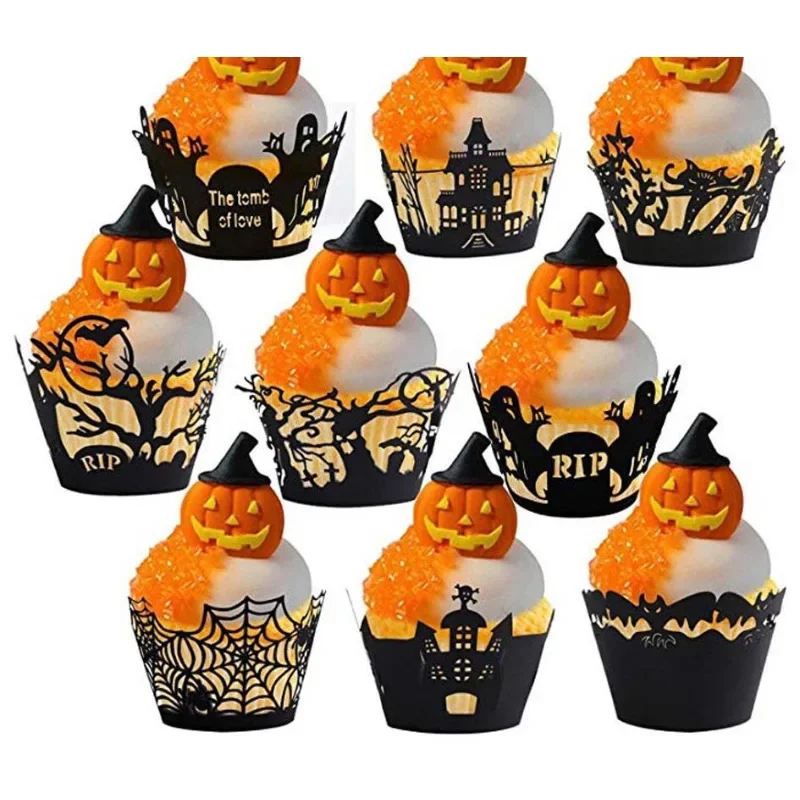 

50pcs Halloween Cupcake Wrappers Spiderweb Castle Pumpkin Bat Decoration Bake Cake Cup Wrappers For Halloween,Birthday Party