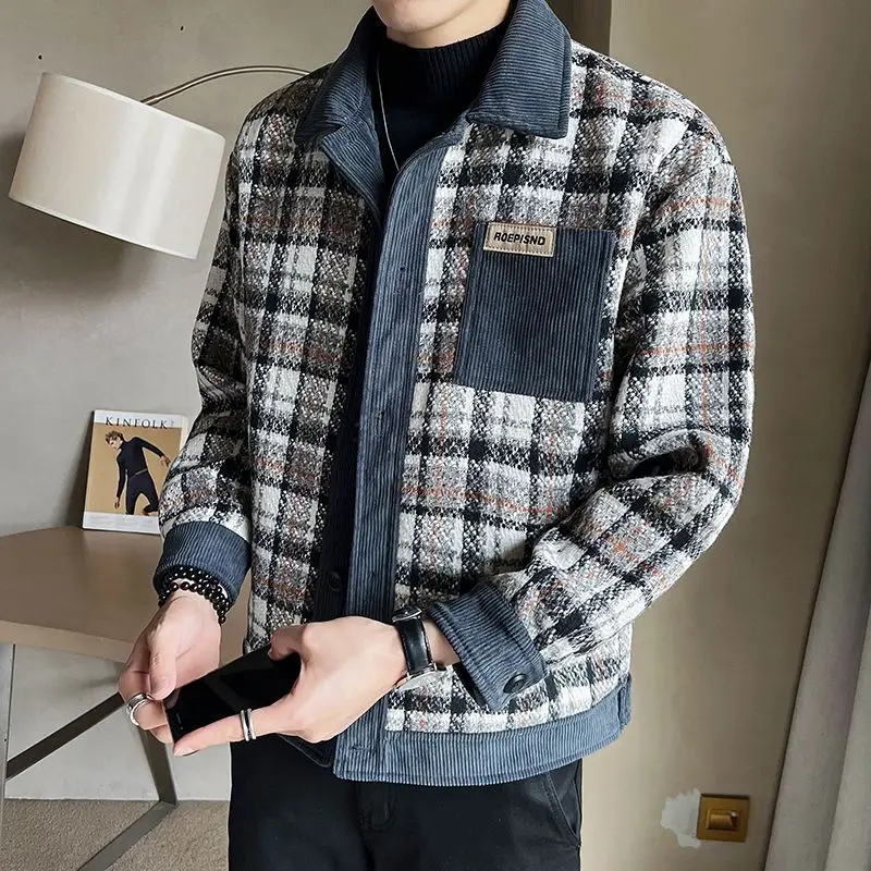 

Мужская куртка с узором «гусиные лапки», весенне-осеннее пальто в клетку с цветными блоками, модная уличная одежда, верхняя одежда, модный повседневный пиджак-бомбер в стиле хип-хоп