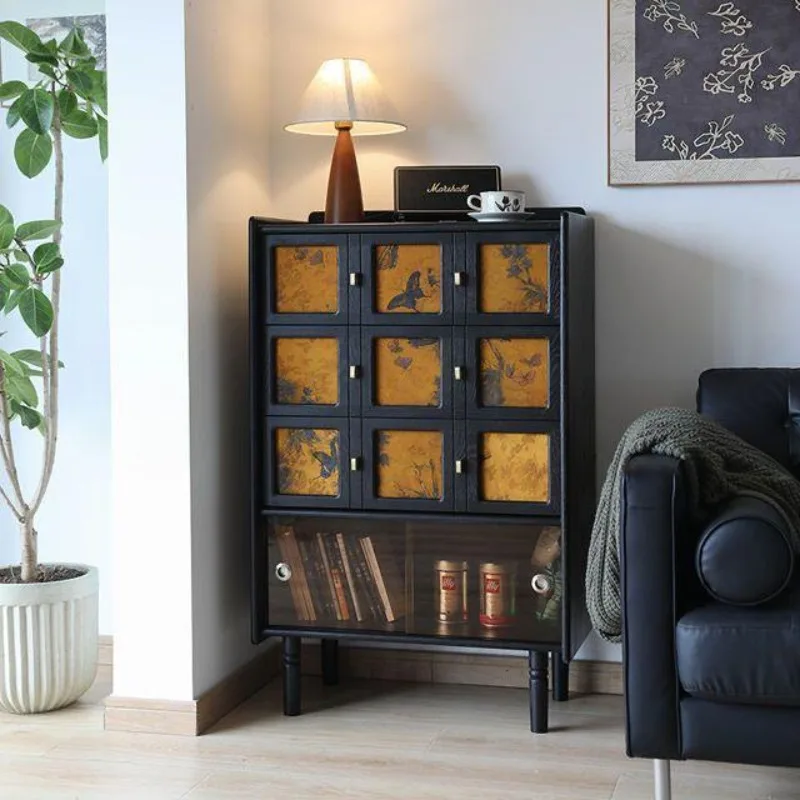 Medieval solid wood dining side cabinet storage locker living room home shelf tea cabinet multi-functional bucket cabinet