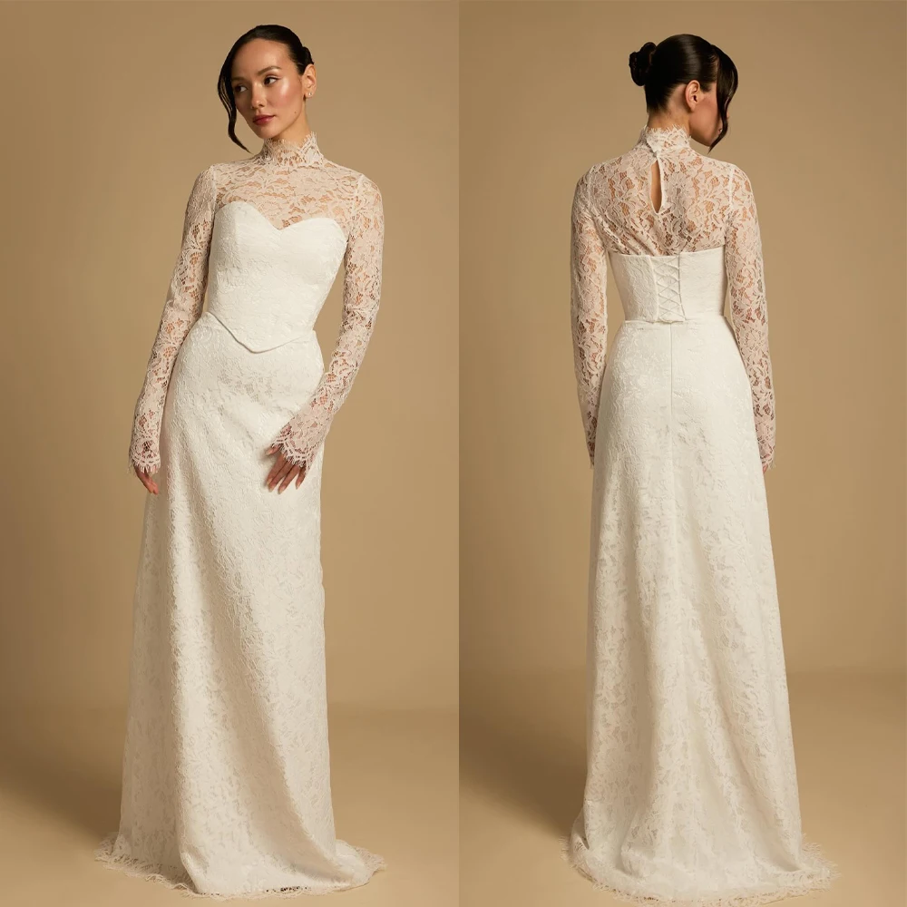 Elegant A Line Wedding Dresses High Collar Appliques Lace Bridal Gowns Custom Made Backless Sweep Train Robe De Mariee