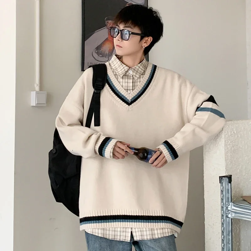 Autumn Winter New Men's Korean Loose Knitted V-neck Casual Sweater Outdoor Fashion Trend Comfortable Breathable Hoodie