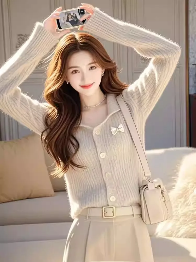 Gray Knitted Sweater Women's Turn-down Collar Base Layer High-grade Autumn New Style Commute Slim Fit Long Sleeve  Color