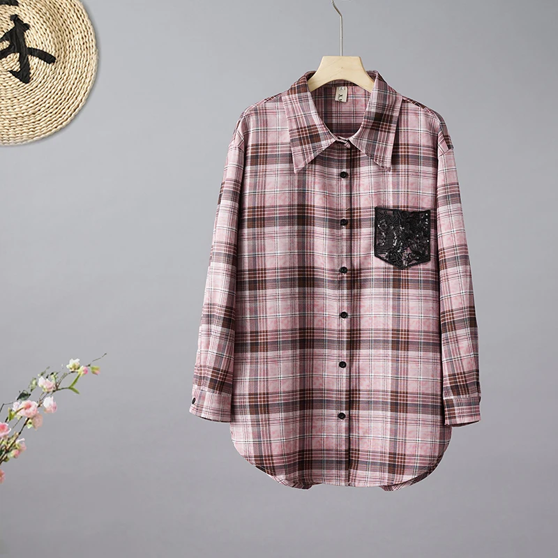 

Повседневный клетчатый кружевной женский свободный топ в европейском стиле, большие размеры, осень 2021, Новое поступление Faion, универсальный длинный свек