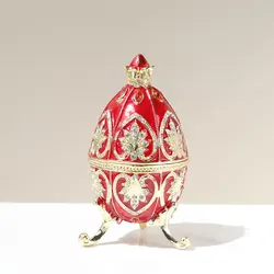 1Pc Hand Painted Enameled Red Faberge Egg Style Decorative Trinket Box Hinged Unique Gift for Family