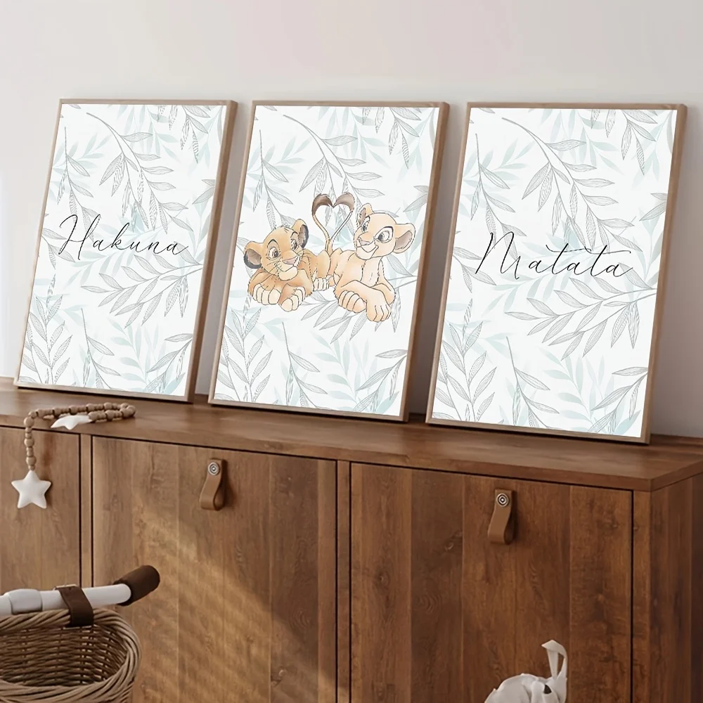 3 قطع من ملصقات فنية جدارية من Disney The Lion King - ملصقات قماشية غير مؤطرة مع Simba & Nala Love، اقتباسات Hakuna Matata، سيارة ألوان مائية