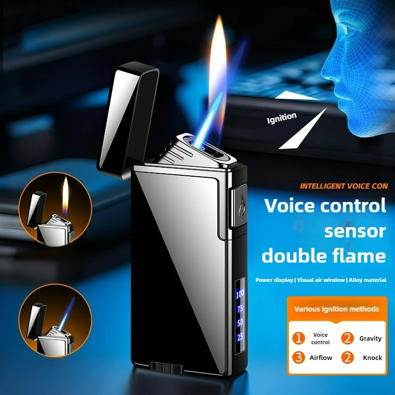 Intelligent Voice Controlled 2 Flames Butane Gas Lighter Open Flame Switching Jet Blue Flame Cigar Electric Lighters Smoking