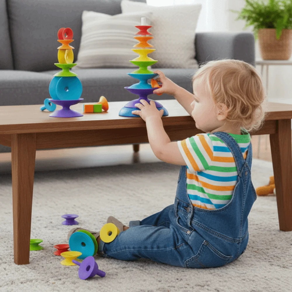Giocattolo Montessori Impilabile Arcobaleno, Torre Girevole con Anelli Rotanti, Puzzle a Blocchi Impilabili per Bambini