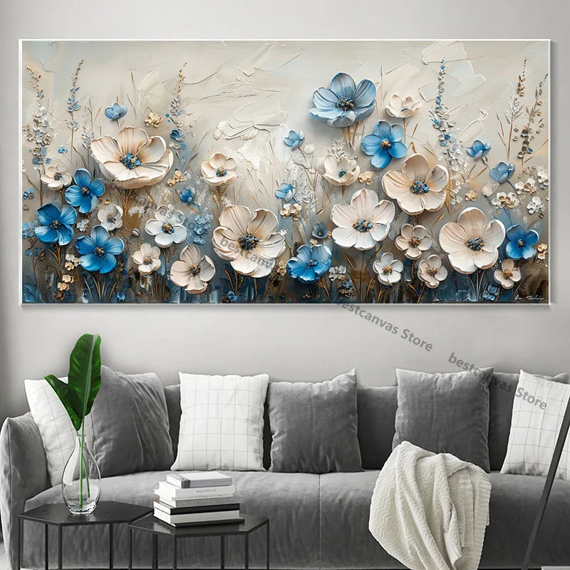 3d Oil Painting White Blue Flowers Canvas Poster,Abstract Floral Wall Art Home Decor Picture,Living Room Decor Cuadros Unframed