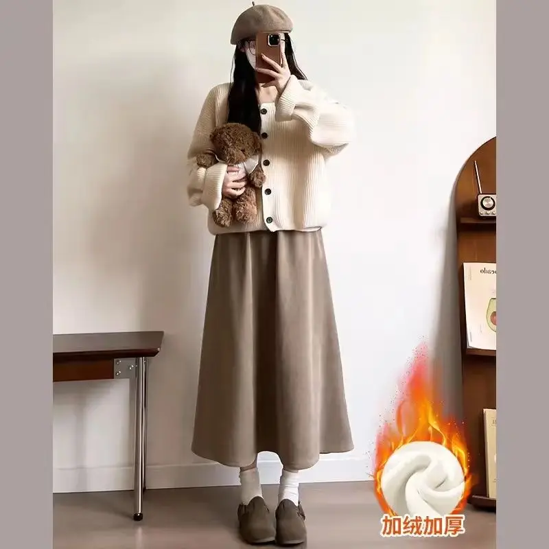 Korean Fashion Autumn New Women\'s Solid Plus Velvet Simplicity Preppy Style Chic Elastic High Waist Loose Mid-lengt A-line Skirt