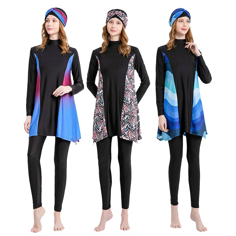 

S-2XL Islamic Muslim Swimwear Burkini for Women Full Cover Loose Hem Tummy Control Print Patchwork Swimsuits with Matching Hijab
