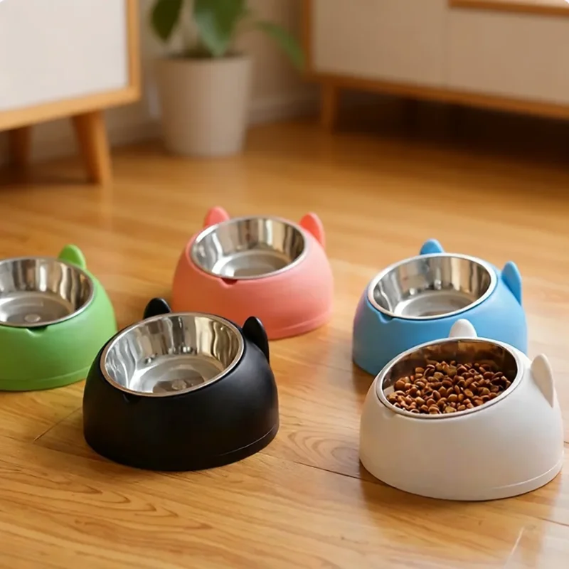 1pc Elevated Stainless Steel Cat Bowl, Inclined Food & Water Dish with Cute Ear Stand, Neck Protection Design for Cats view 2
