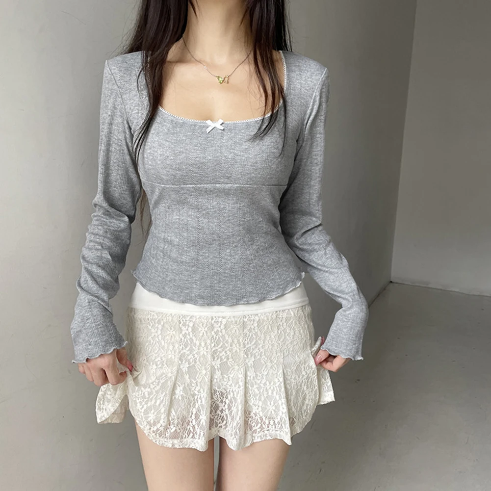 Womens Fashionable Basic Top featuring an Elegant Gray Color Stylishly Designed Square Collar plus a Cute Bow Detail