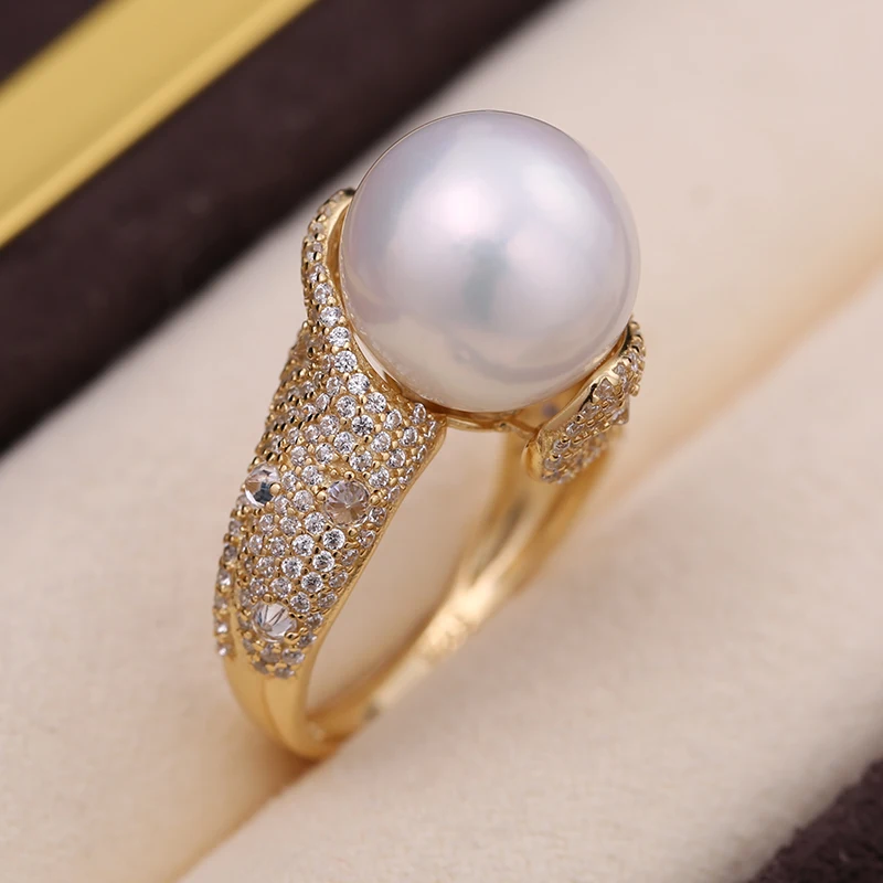 MeiBaPJ 11mm Big Natural Round Golden Pearl Fashion Flower Ring DIY 925 Silver Holder Setting Fine Wedding Jewelry for Women