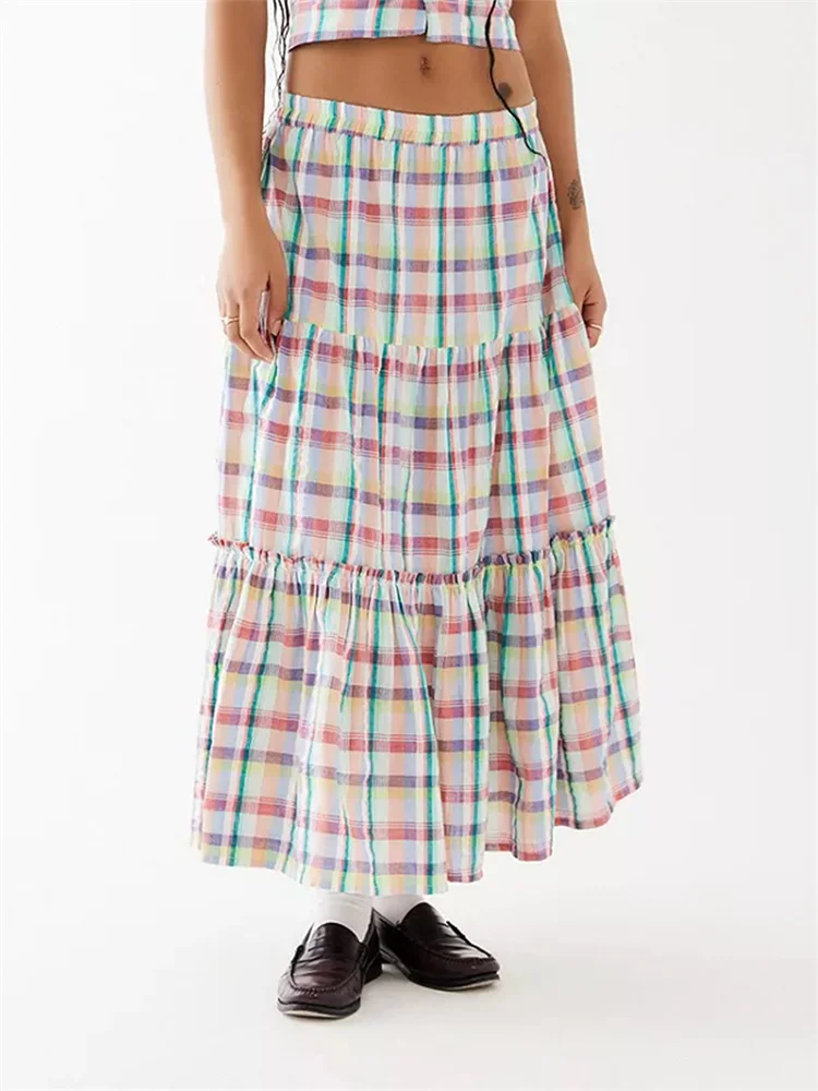 CHRONSTYLE Fashion Women Summer Plaid Print Long Skirts Elastic Waist A-Line Loose Casual Midi Skirts Party Club Streetwear 2024