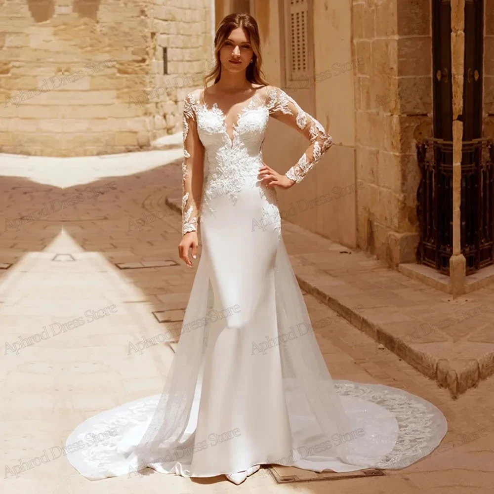 Wunderschöne Brautkleider Satin Brautkleider Spitzen applikationen mit abnehmbaren Zug roben fegen Zug glamouröse Vestidos de Novia