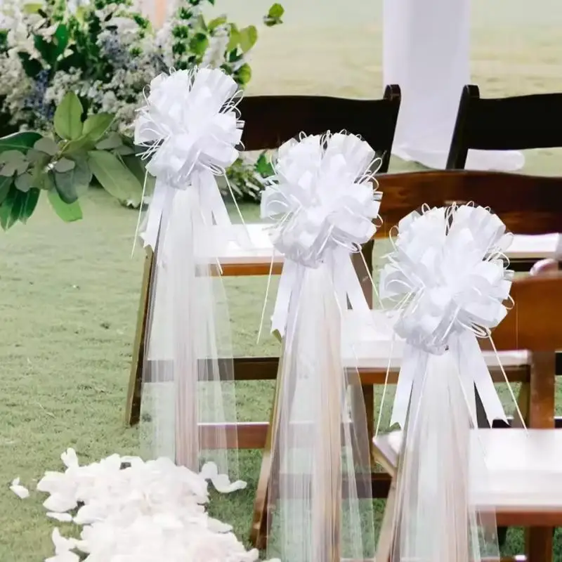 100pcs Church Wedding Pew Bows With Long Tulle Tails Chair Aisle Decor Wedding Car Decoration For Church Aisle Decor Ceremony view 2