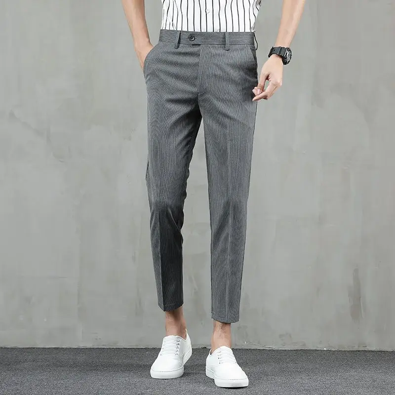 

Business Striped 9 Cropped Man Suits Pants Pocket Tressed Gray Pencil Slacks Summer 2025 New In Formal Up Suit Trousers for Men