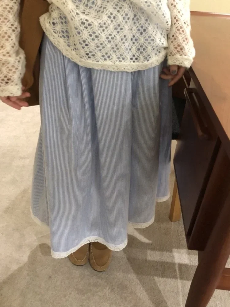 Maxi gonne donna delicato letterario sciolto a righe ragazze pizzo Vintage progettato Chic vita alta estate tutto-fiammifero popolare tempo libero Ins