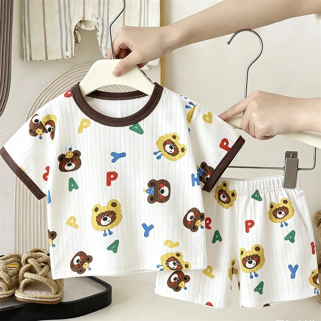Baby Clothing Cartoon Full Print Pajamas 2pcs Cute Home Wear Boys And Girls Round Neck Tops Loose Thin Shorts Small Child Suit