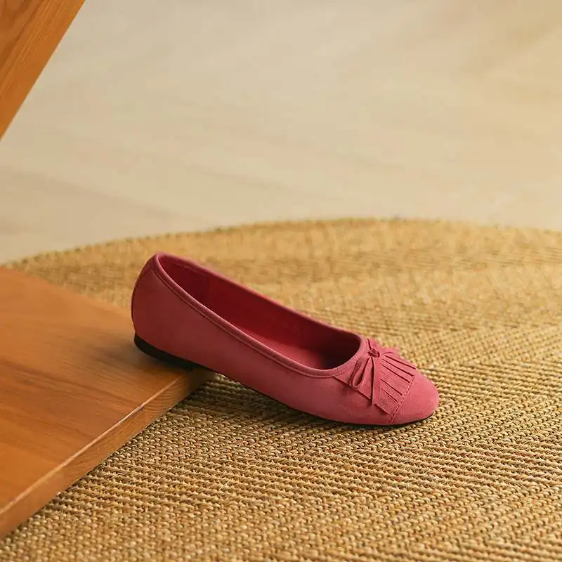 كرازينغ بوت الأغنام الجلد المدبوغ جولة تو المرأة الصيف الحديثة الشارع ارتداء الباليه راقصة الضحلة فراشة عقدة شرابة هامش Ins الشقق #6