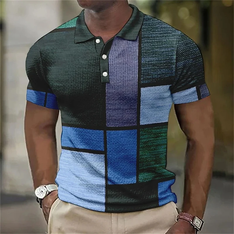 Polo impreso en 3D a cuadros a rayas masculinas 2024, ropa callejera de moda, camiseta de bloque gráfico, S - 5xl