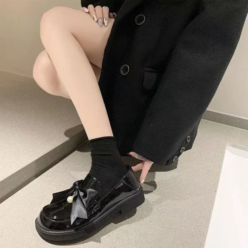 Women Black Pearl Bow Slip-On Platform Loafers,Japanese Preppy JK, Lolita & Gentle Commuter Style Platform Uniform Shoes,Pumps