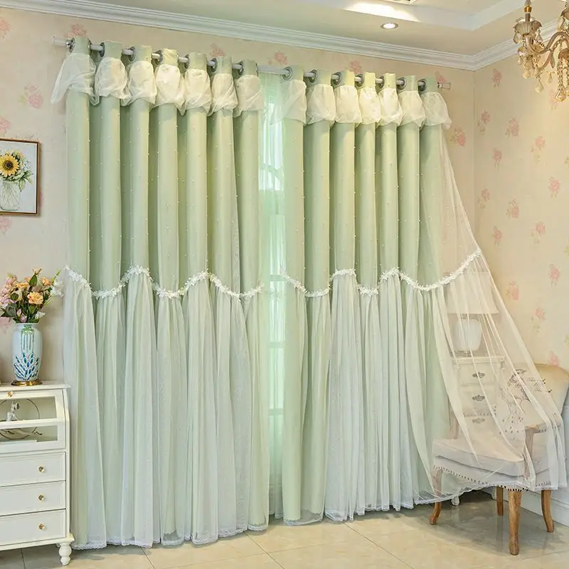 

High end Princess 3 Layers Blackout Curtains for Living Room Bedroom, Korean Bling Pearls Wedding Window Cortinas for Girls Room