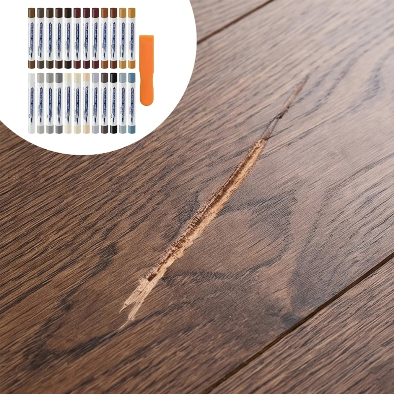 Scratch Cover Set for Wood Furniture, 24 Shade Repair Sticks with Scraper for Floor Cabinet Table and Shelf Touch Up, Tone