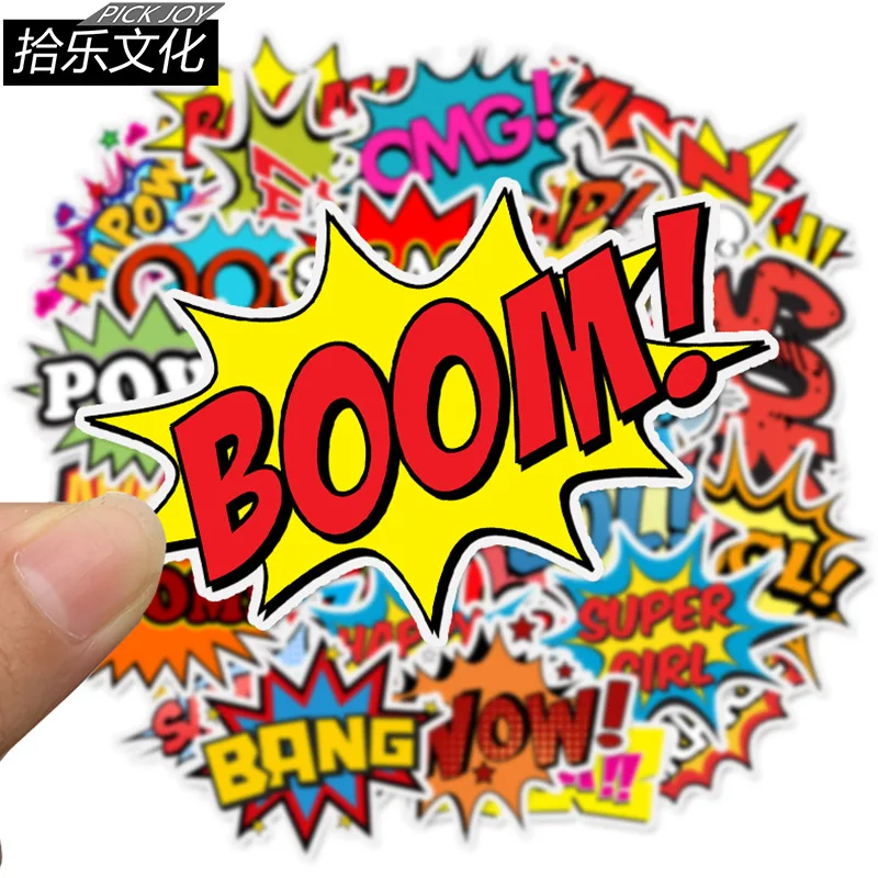 50pcs BAM POW WOW BOOM BANG OMG OOP Explosion Cloud Style Anime Slogan Stickers Pack for Phone Laptop Luggage Skateboard Sticker