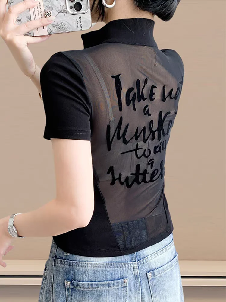 2025 Summer New Arrival Crop Top Euro Fashion Women's Short Sleeve Double Zip See Through Back High Waist Cotton T-Shirt