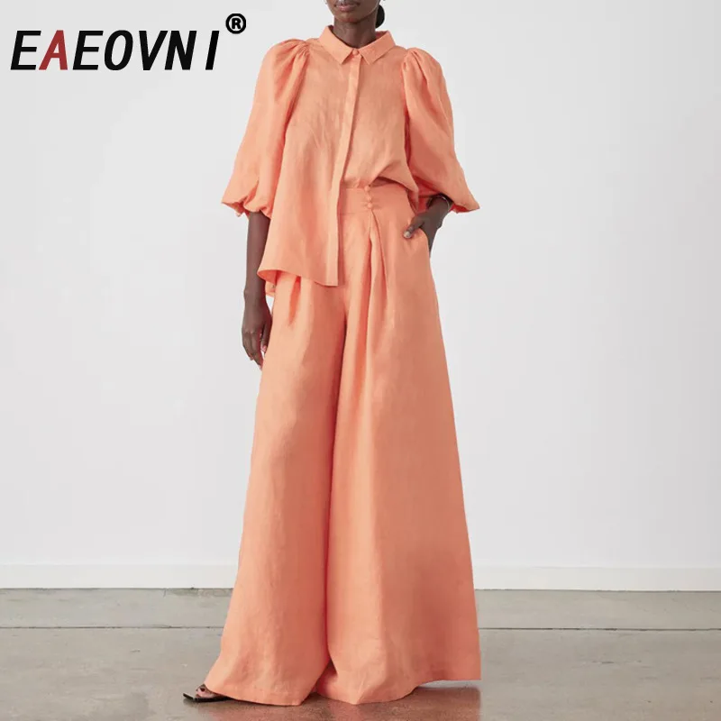 

EAEOVNI однотонный повседневный женский комплект из 2 предметов, свободная рубашка с пышными рукавами, топы + широкие брюки, модная новая одежда 2025 года