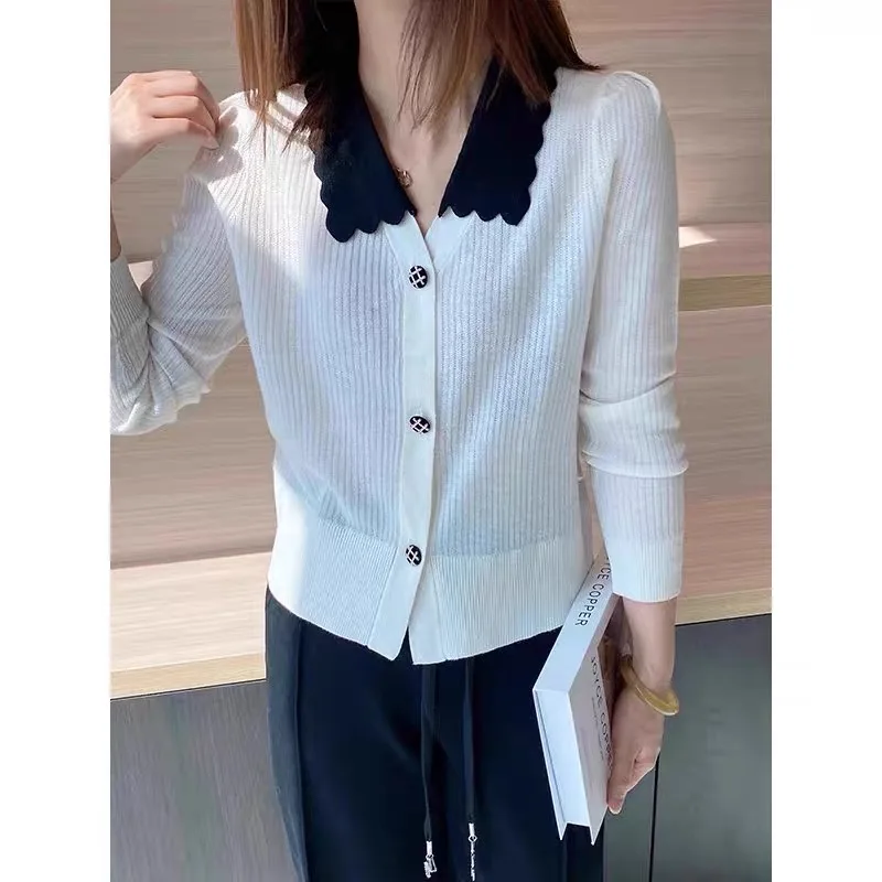 Women Clothing Solid Knitwear Spring Daily Casual Commuting Simple V-neck Fashion Short Sweaters Chic Button Cardigan Tops