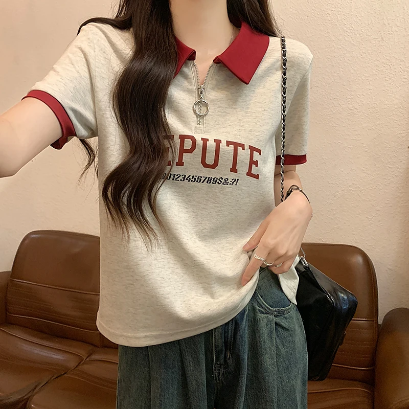 Color Block  Collar Top Women's Summer T-Shirt Creative Pattern Linen Fabric Short Sleeve Regular Fit Polyester Fiber