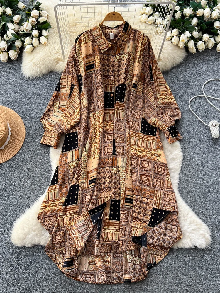 2026 جديد الخريف المرأة موضة ترتيب الأسرة طوق فستان بكم طويل فضفاض عادية واحدة الصدر قميص مطبوع فستان #3