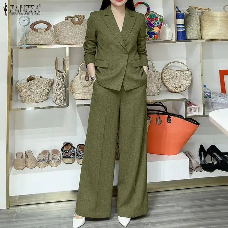 

Женский элегантный брючный костюм ZANZEA: брюки с широкими штанинами и пиджак с острыми лацканами, комплект из 2 предметов, офисный стиль, для деловых встреч, 2026